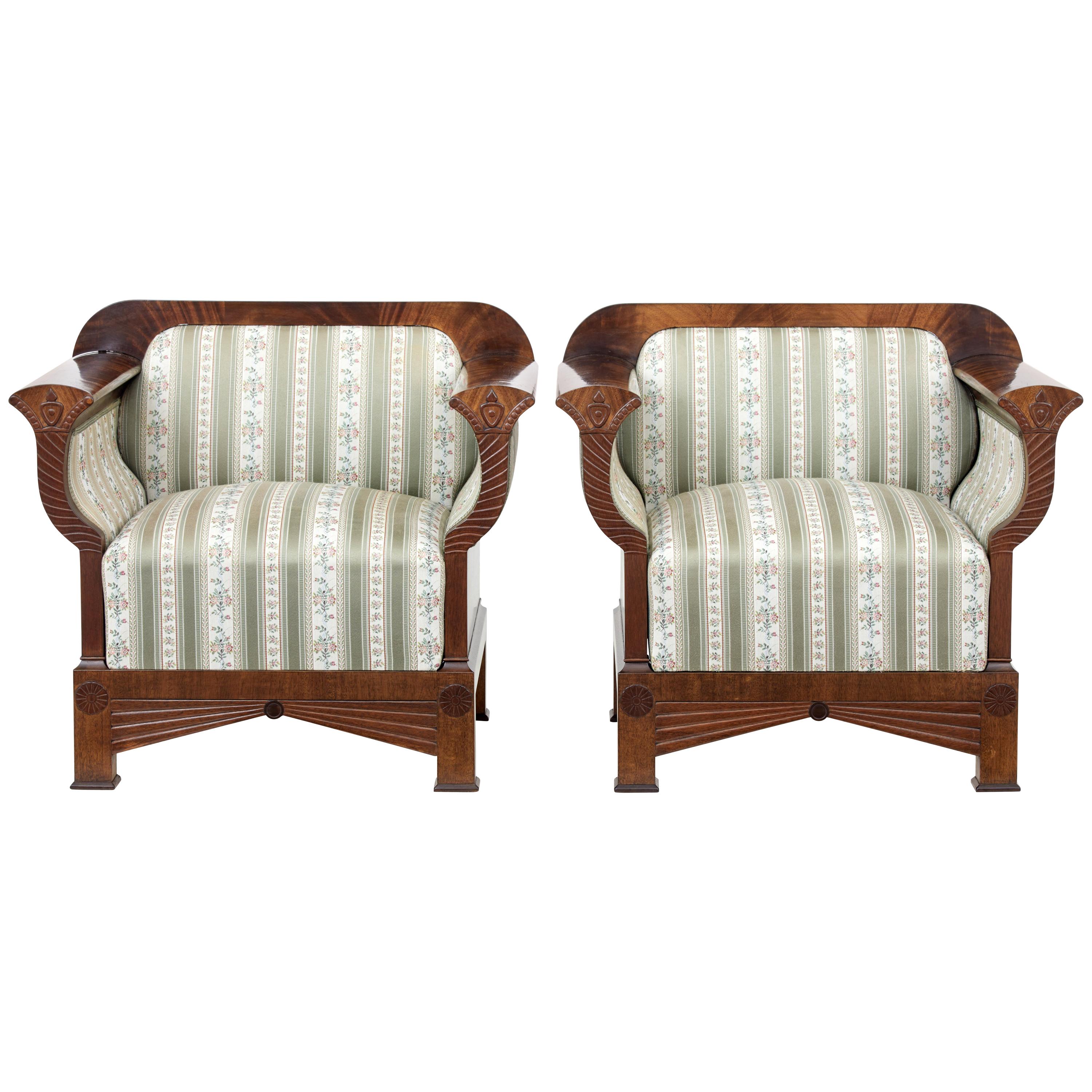 Pair of Mid-20th Century Flame Mahogany Bergère Armchairs