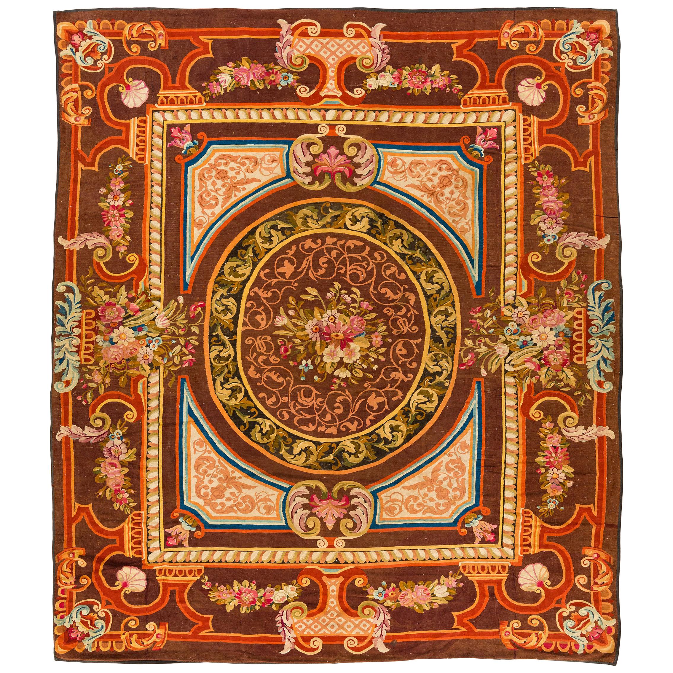 Late 19th Century Antique French Aubusson Rug with Brown, Gold, and Ivory For Sale