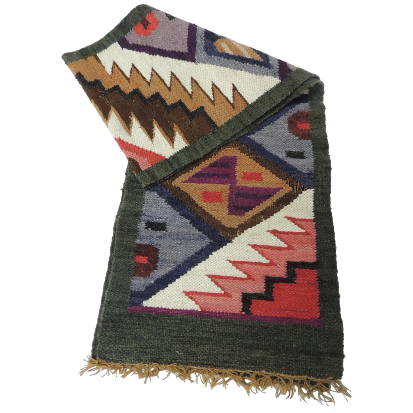 Vintage Woven Colorful Tribal Peruvian Wool Runner with Fringes