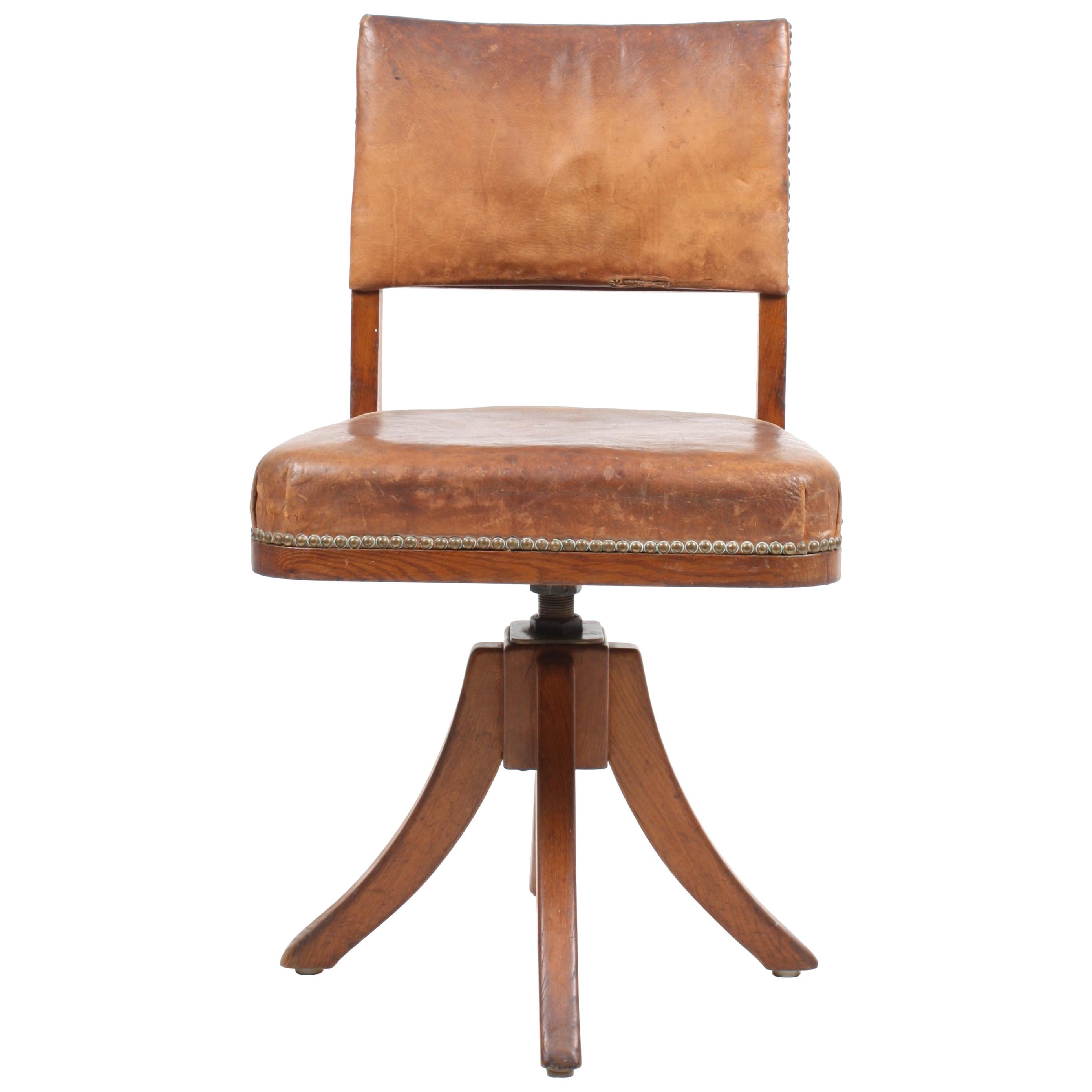 Desk Chair in Patinated Leather and Oak by Danish Cabinetmaker Frits Henningsen