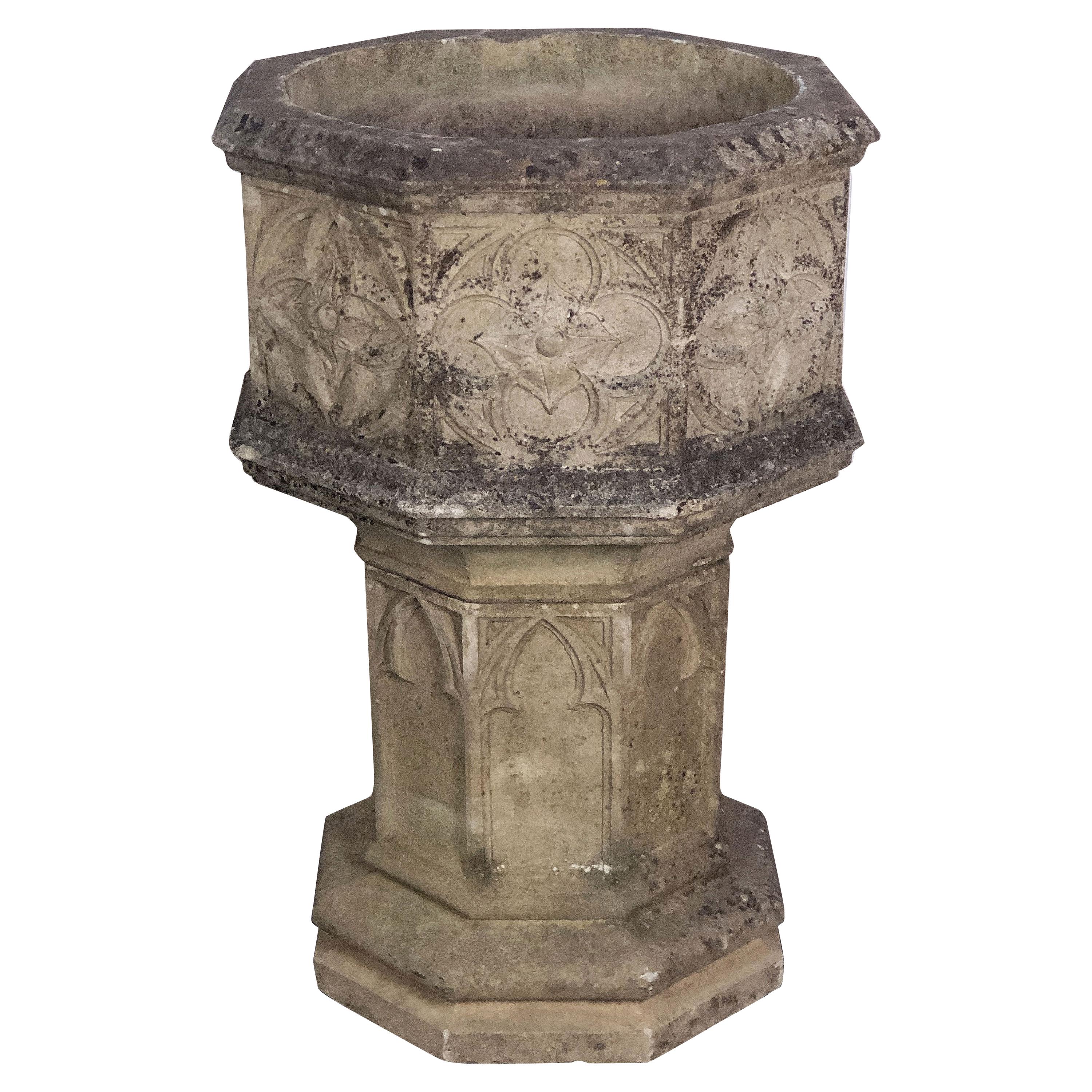 English Garden Stone Octagonal Planter on Pedestal Stand in the Gothic Style