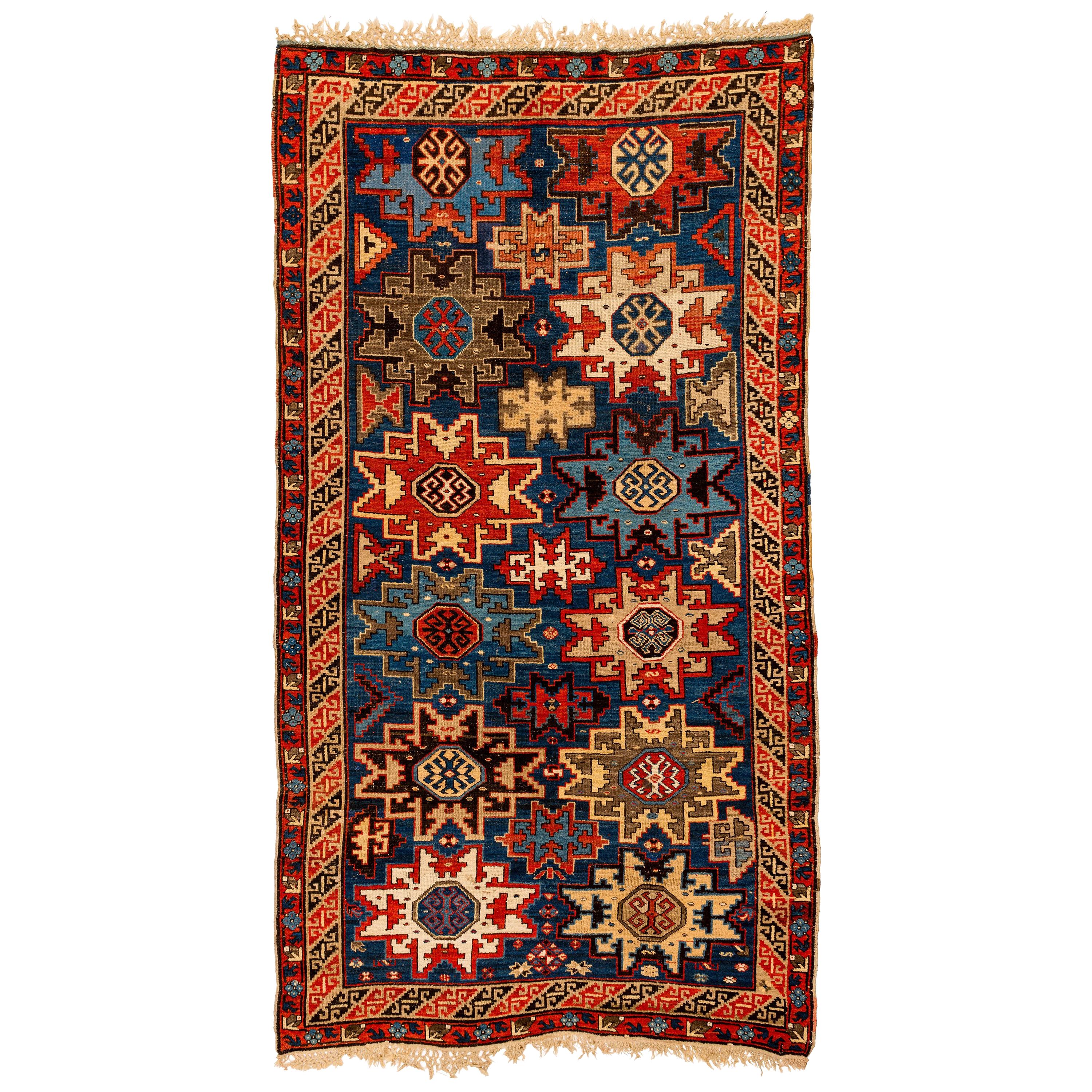 Antique Caucasian Lesghi Star Wool Hand Knotted Rug Woven by the Kurds For Sale