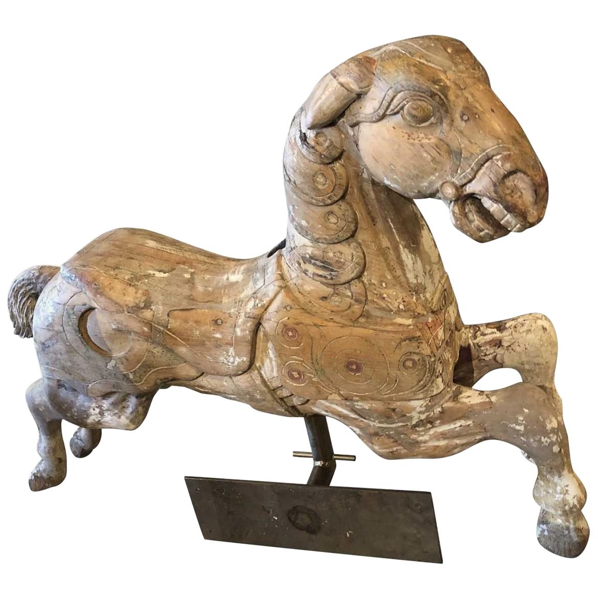 Carousel Wood Hand Carved Horse Early 20th Century on Wall Brass Base