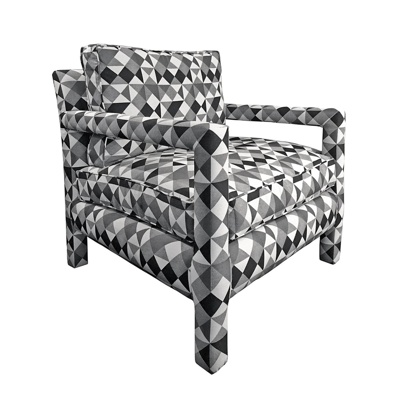 1970s Parsons Style Lounge Chair in Black, White and Grey Geometric Fabric For Sale