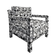 1970s Parsons Style Lounge Chair in Black, White and Grey Geometric Fabric