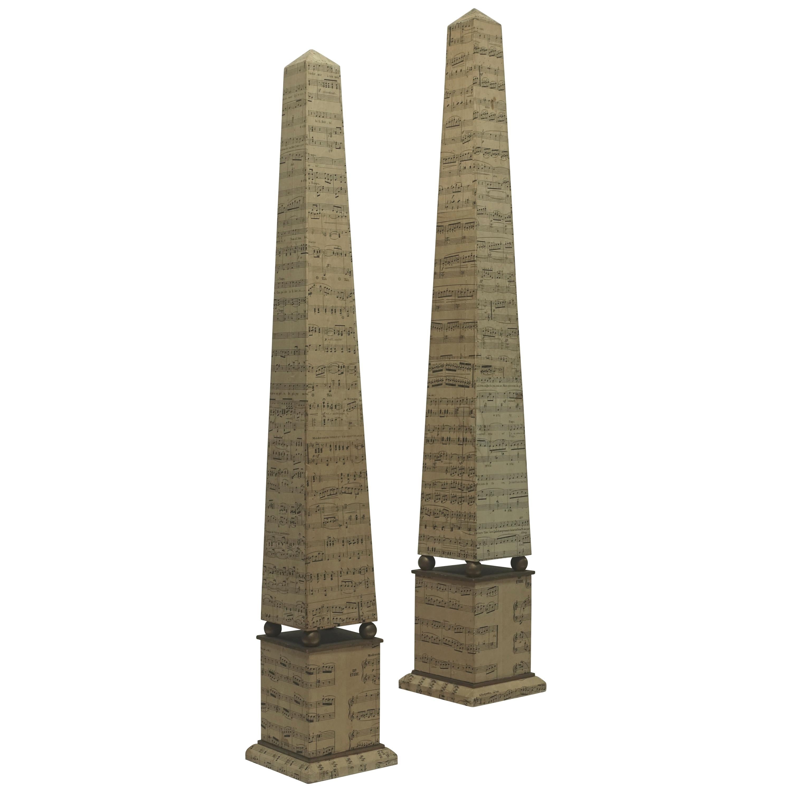 Monumental Pair of Italian Obelisks Covered in 19th Century Sheet Music For Sale