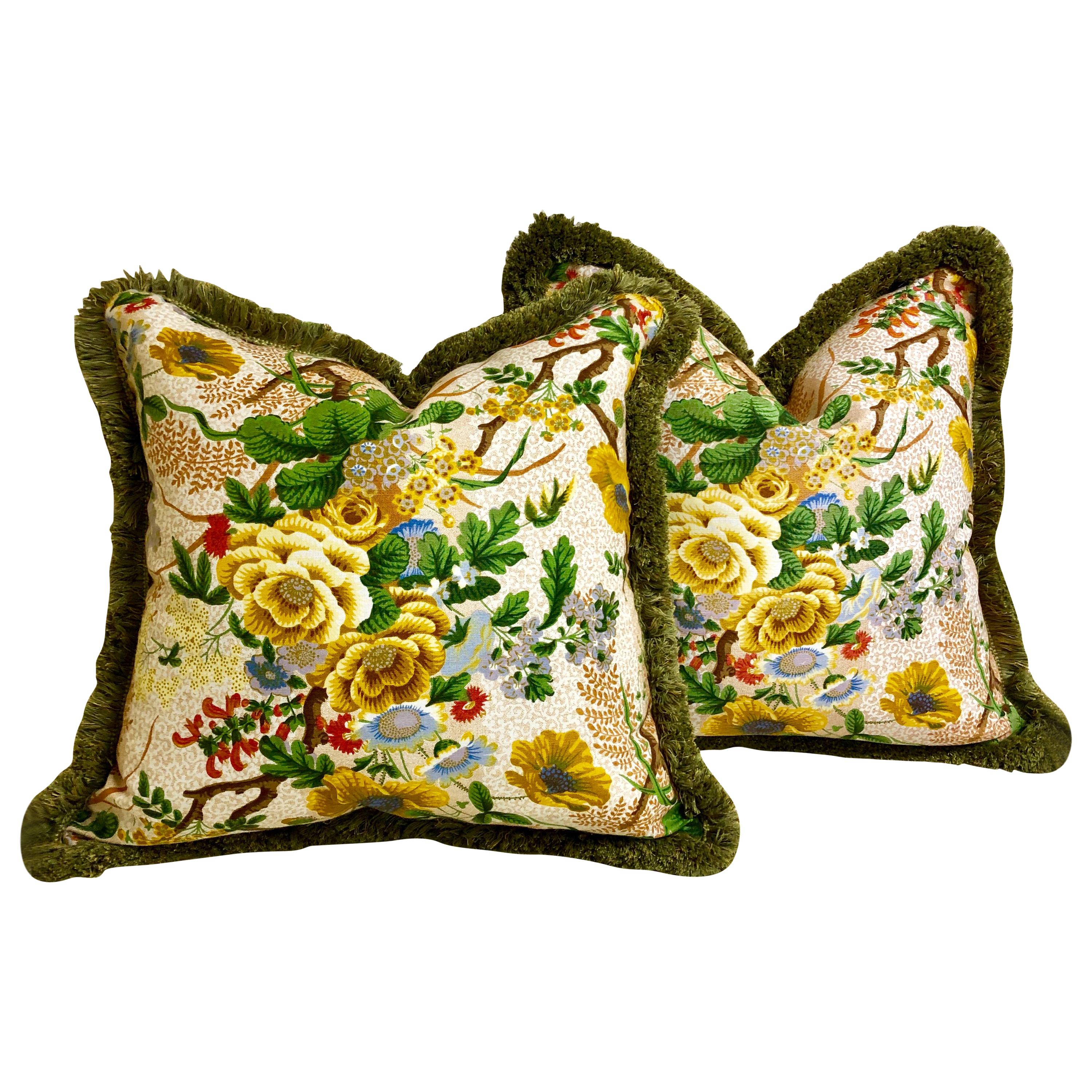 Pair of Downfilled Floral Cushions with Brush Fringe