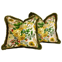 Pair of Downfilled Floral Cushions with Brush Fringe