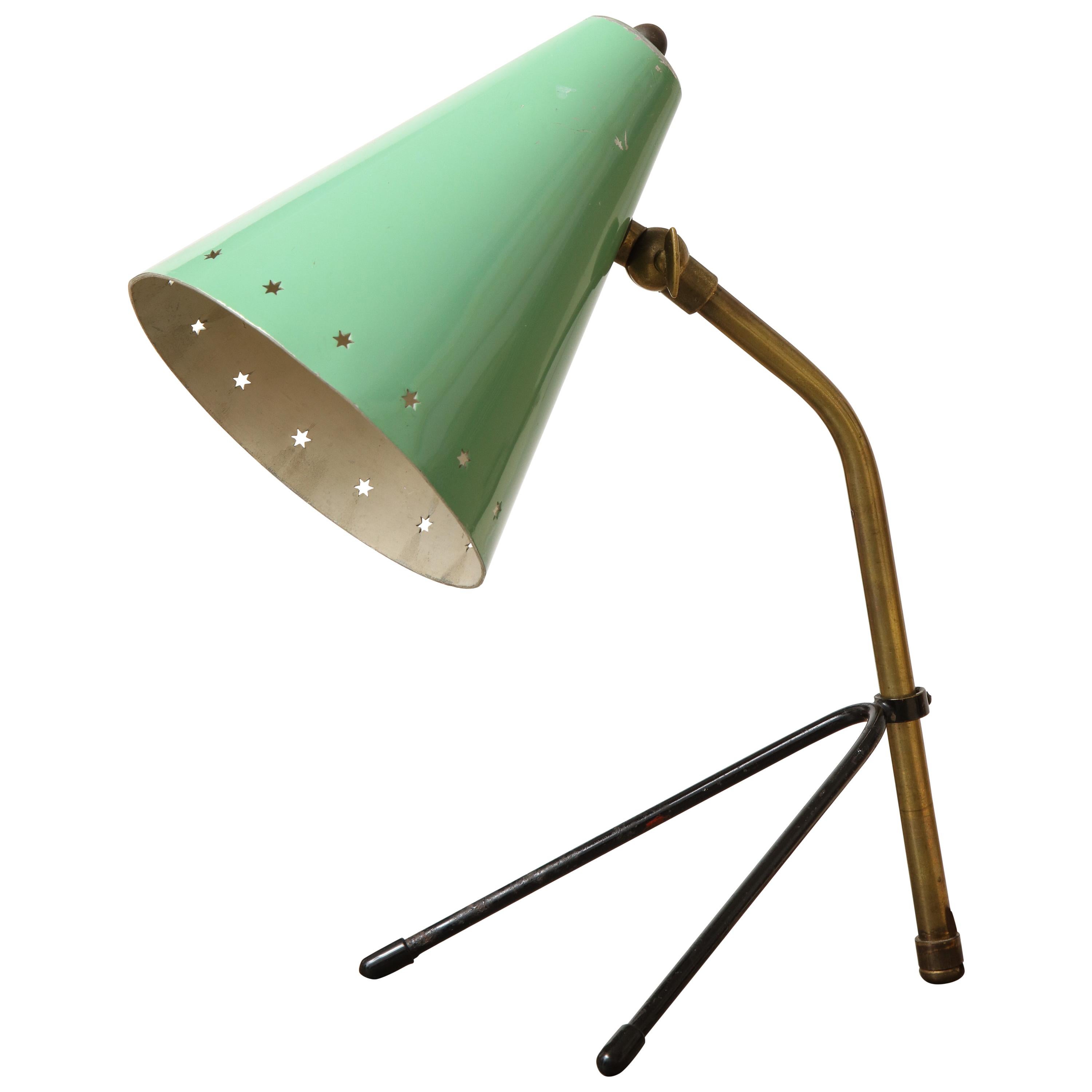 Italian Midcentury Adjustable Brass Desk Lamp with Mint Green Shade