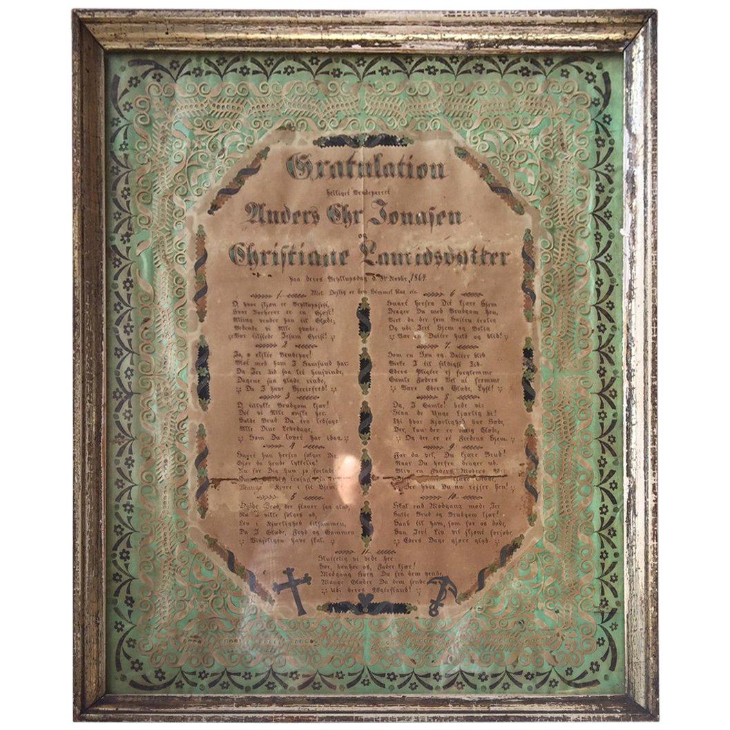 Declaration de mariage danoise ancienne dans son cadre d'origine, d'art populaire danois, 1864 en vente
