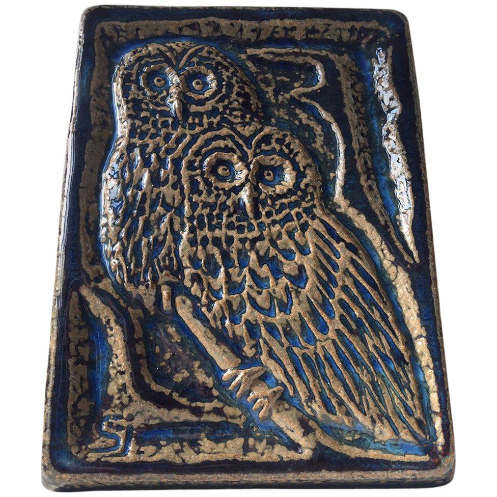 Danish Midcentury Stoneware Wall Plaque with Owls by Sven Aage Jensen, Soholm For Sale