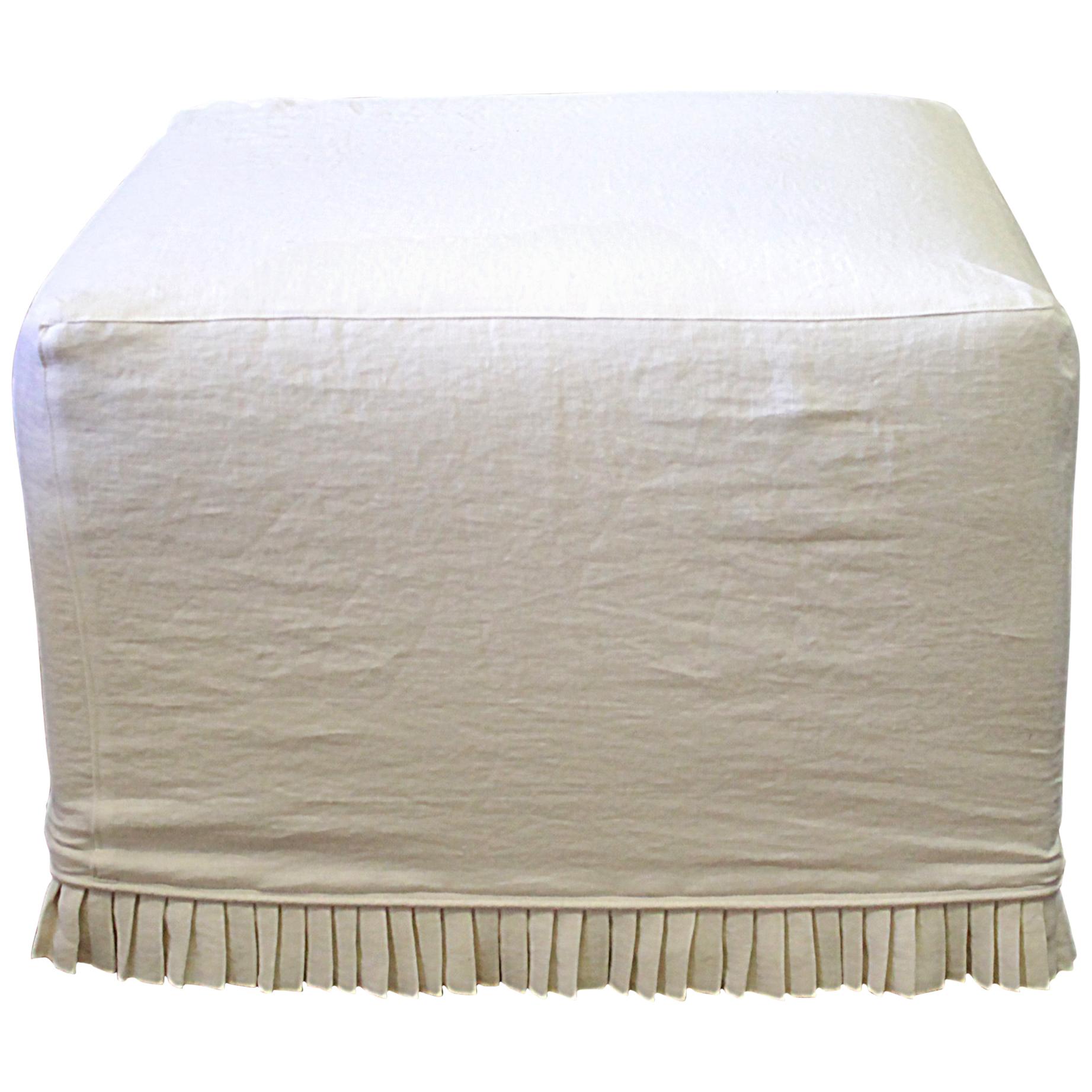 Custom Cube Ottoman Slip Covered in White Belgian Linen with Hand Pleated Ruffle