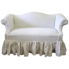 Custom Linen Slip Covered Used Petite Sofa in Toile