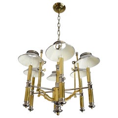 Retro Maison Jansen Style Bouillotte Chandelier in Nickel and Brass by Lightolier