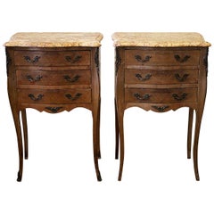 Pair of Vintage French Louis XV Style Wood Nightstands with Marble Tops