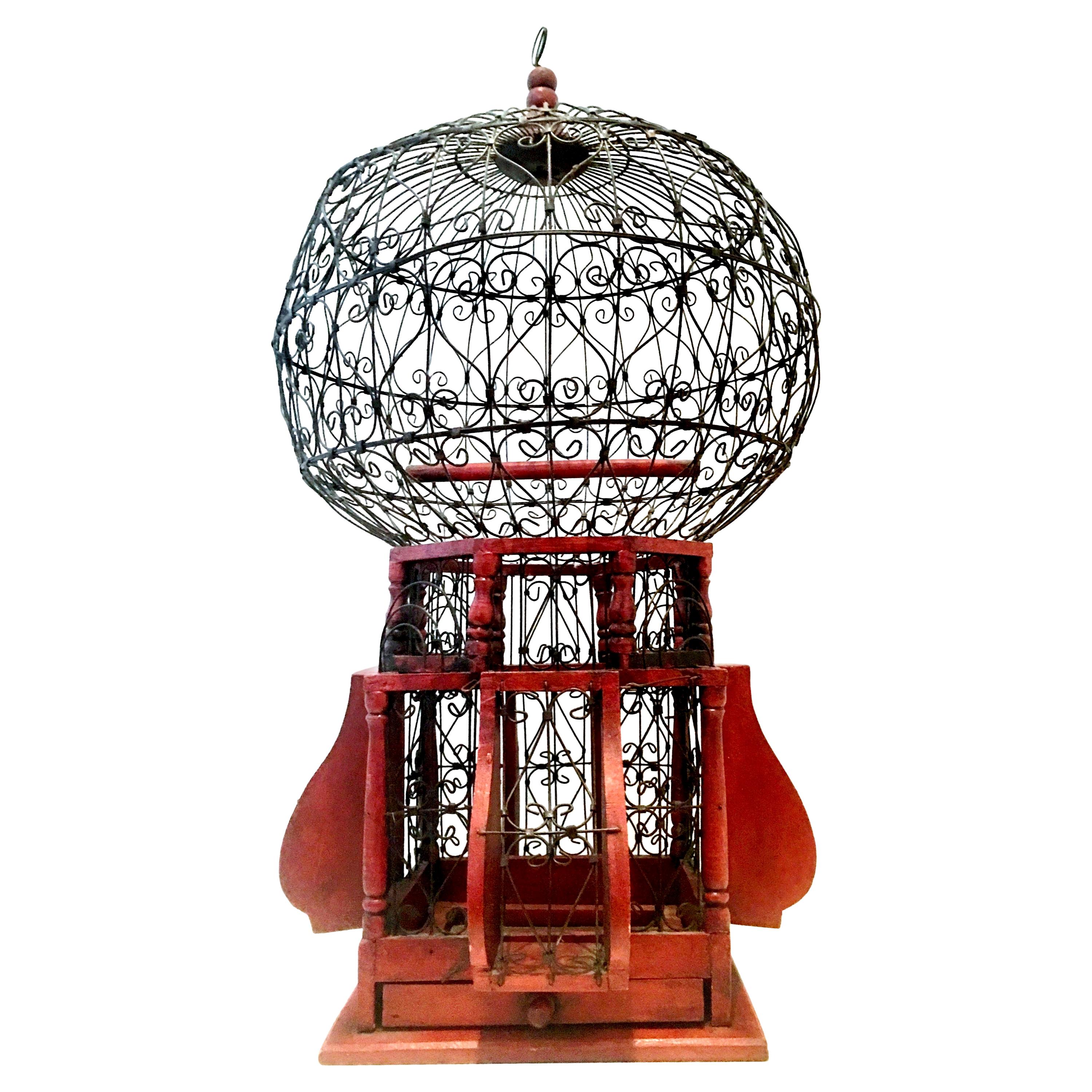 20th Century Victorian Style Wood and Iron "Balloon' Hanging Bird Cage