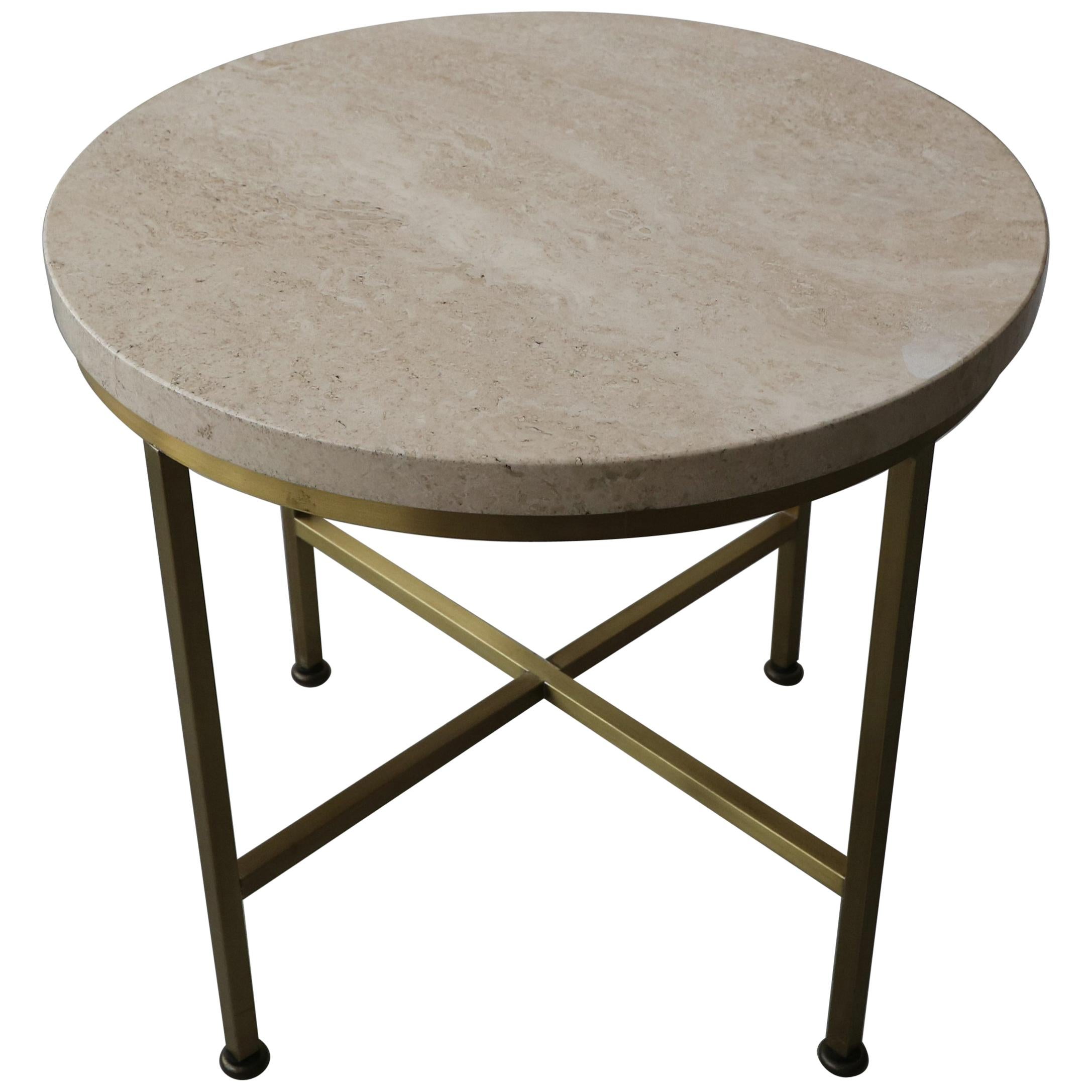 Minimalist Midcentury Travertine and Brass Round Side Table by Paul McCobb