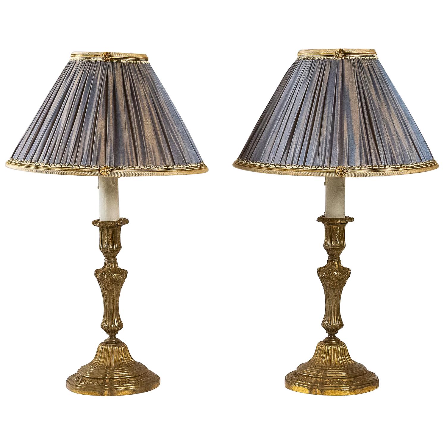French 18th Century Style Pair of Gilt-Bronze Candlestick Lamps
