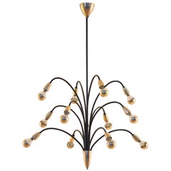 Midcentury Design, Italian Twelve Black Bent Arms and Brass Chandelier Lamp