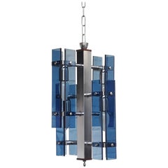 Midcentury Italian Blue Cristal Art Murano Glass and Chrome Pendant Lamp