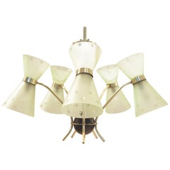 Midcentury French Design, Diabolo Shaped Glass and Brass Chandelier Pendant Lamp
