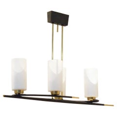 Midcentury Opaline Glass with Arc Shaped and Brass Chandelier by Maison Arlus