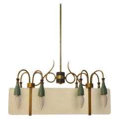 Italian Midcentury Chandelier Sanded Glass Diffuser and Organic Brass Structure