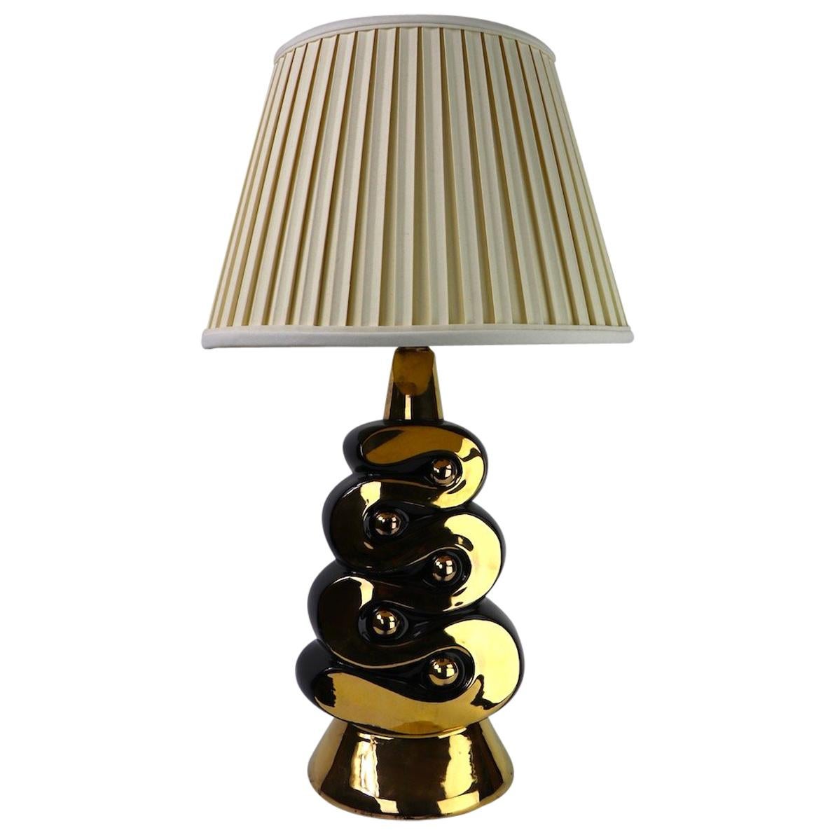 Mid Century Black and Gold Ceramic Table Lamp For Sale