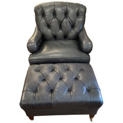Supple Blue Leather Beckoning Club Chair and Ottoman by Edward Farrell