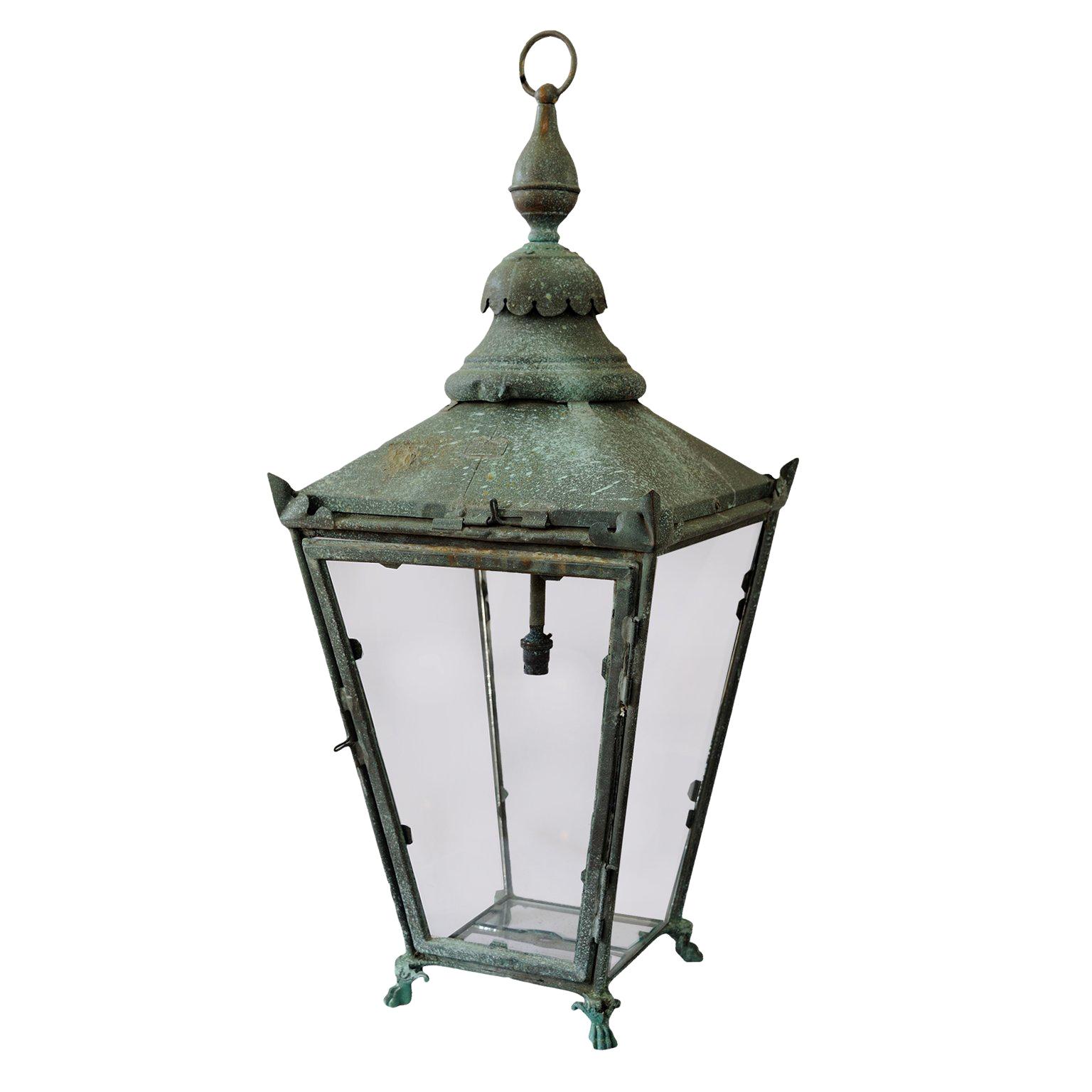 Large English Verdigris Copper Hanging Lantern, circa 1860 For Sale