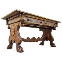 Desk Wilhelminian Antique Table Lion Paw Leather Double Desk