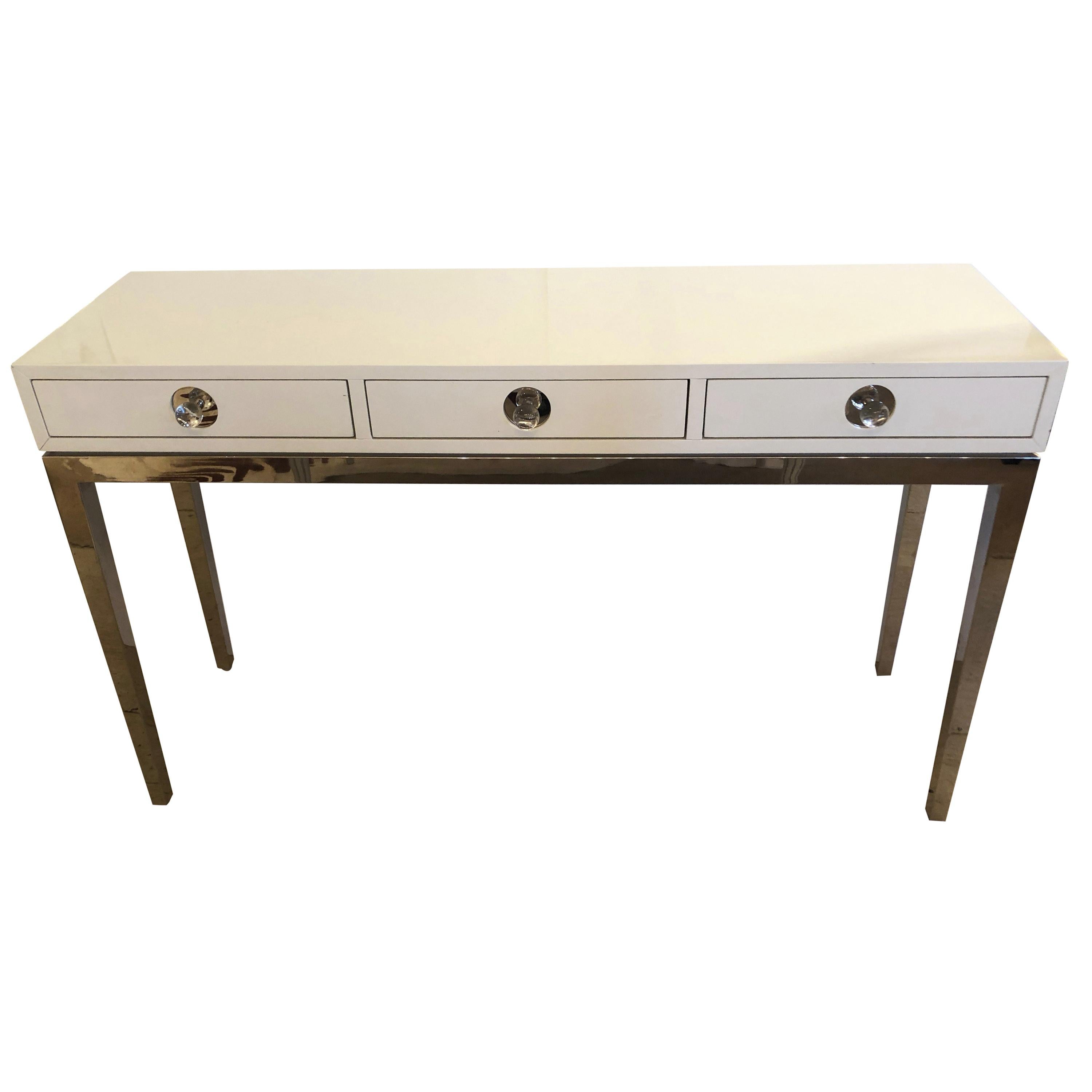 Glitzy Jonathan Adler White Lacquer and Chrome Console with 3 Drawers