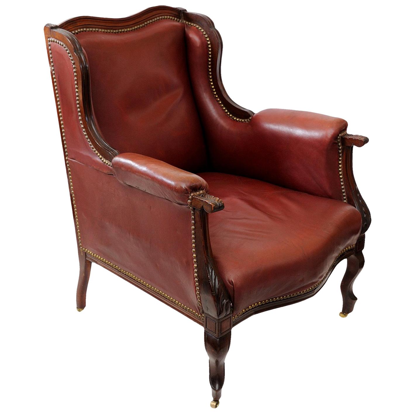 French Louis XV Style Leather Bergere Chair, circa 1860 For Sale