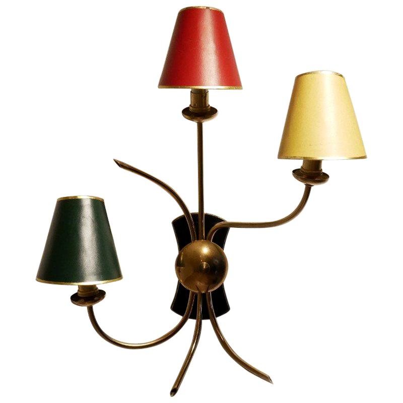 Midcentury Multi-Color Shades & Organic Tree Shaped Brass Structure Wall Sconce For Sale