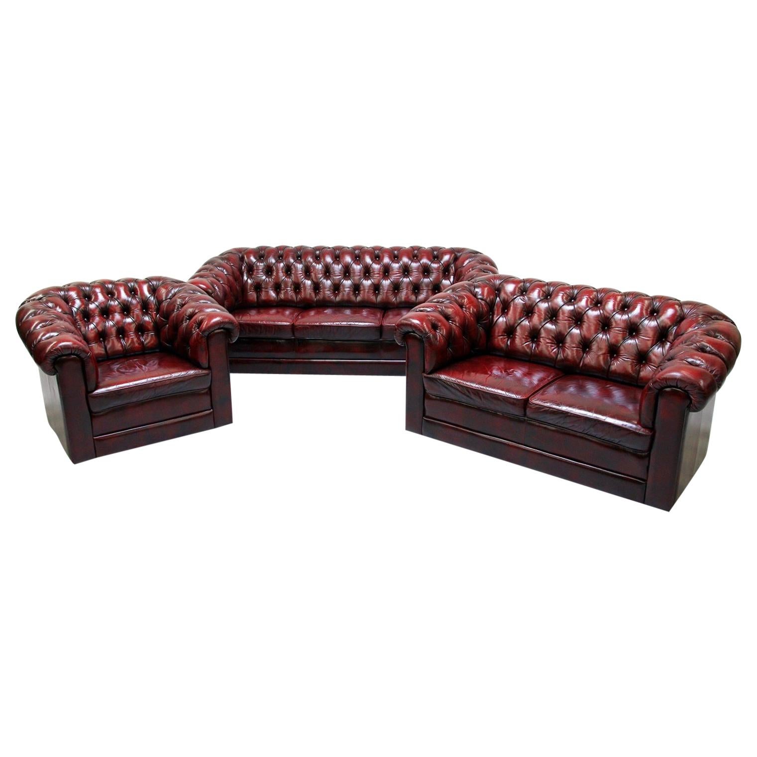 Chesterfield Sofa Set Armchair Genuine Leather Couch Antique Oxblood For Sale