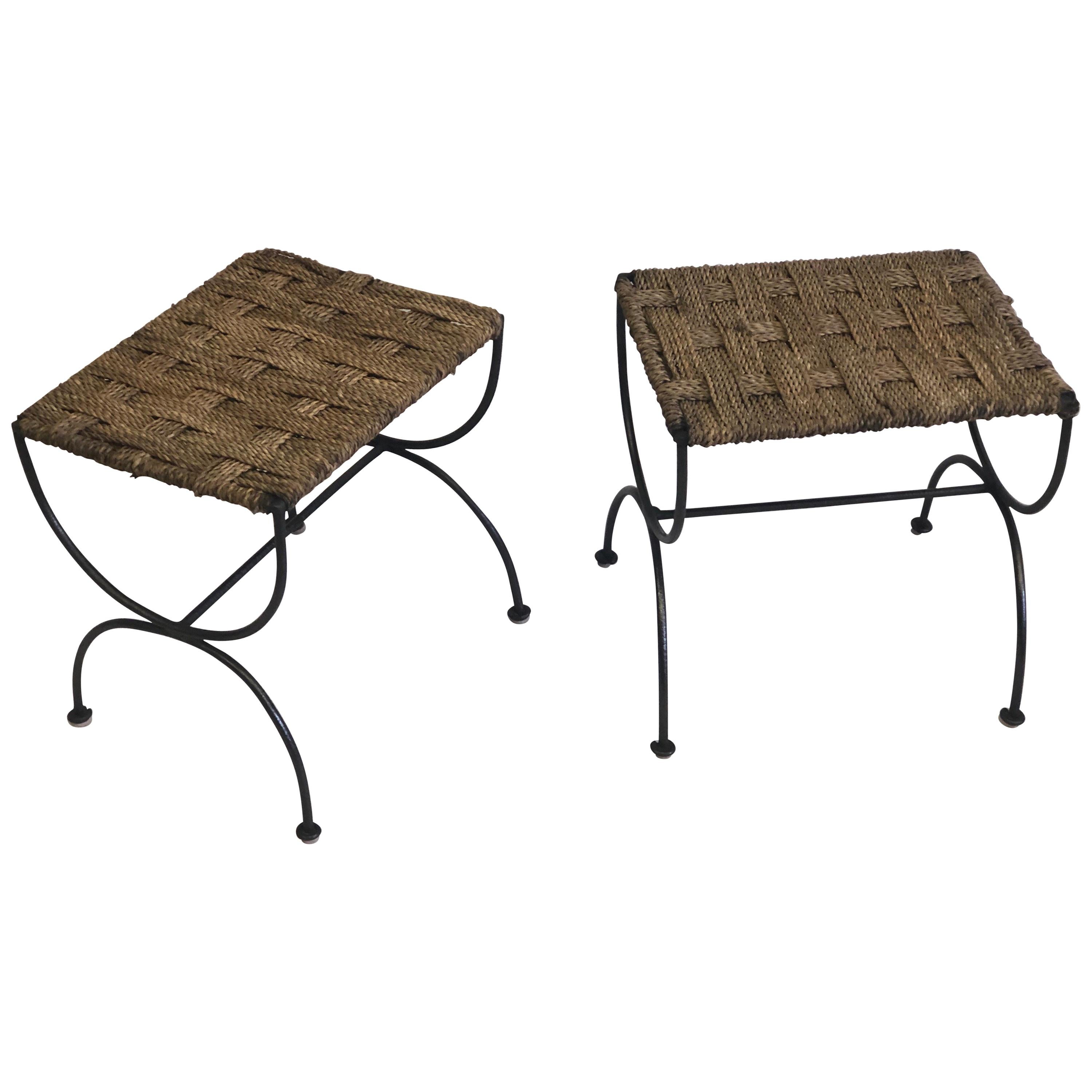 Pair of French Mid-Century Modern Iron & Rope Stools/Benches, Jean Michel Frank