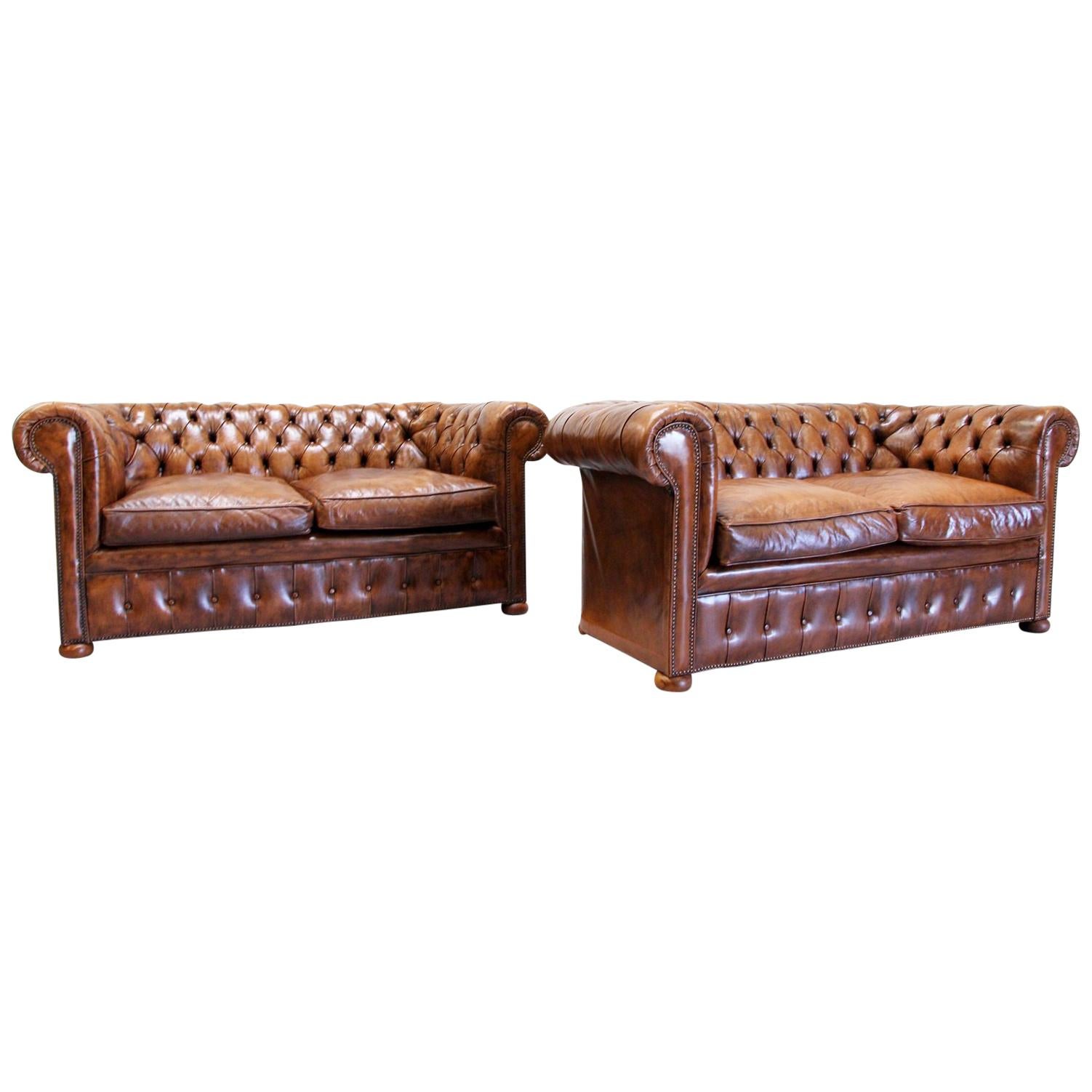 2 Chesterfield Sofa Leather Antique Vintage Couch English Chippendal For Sale