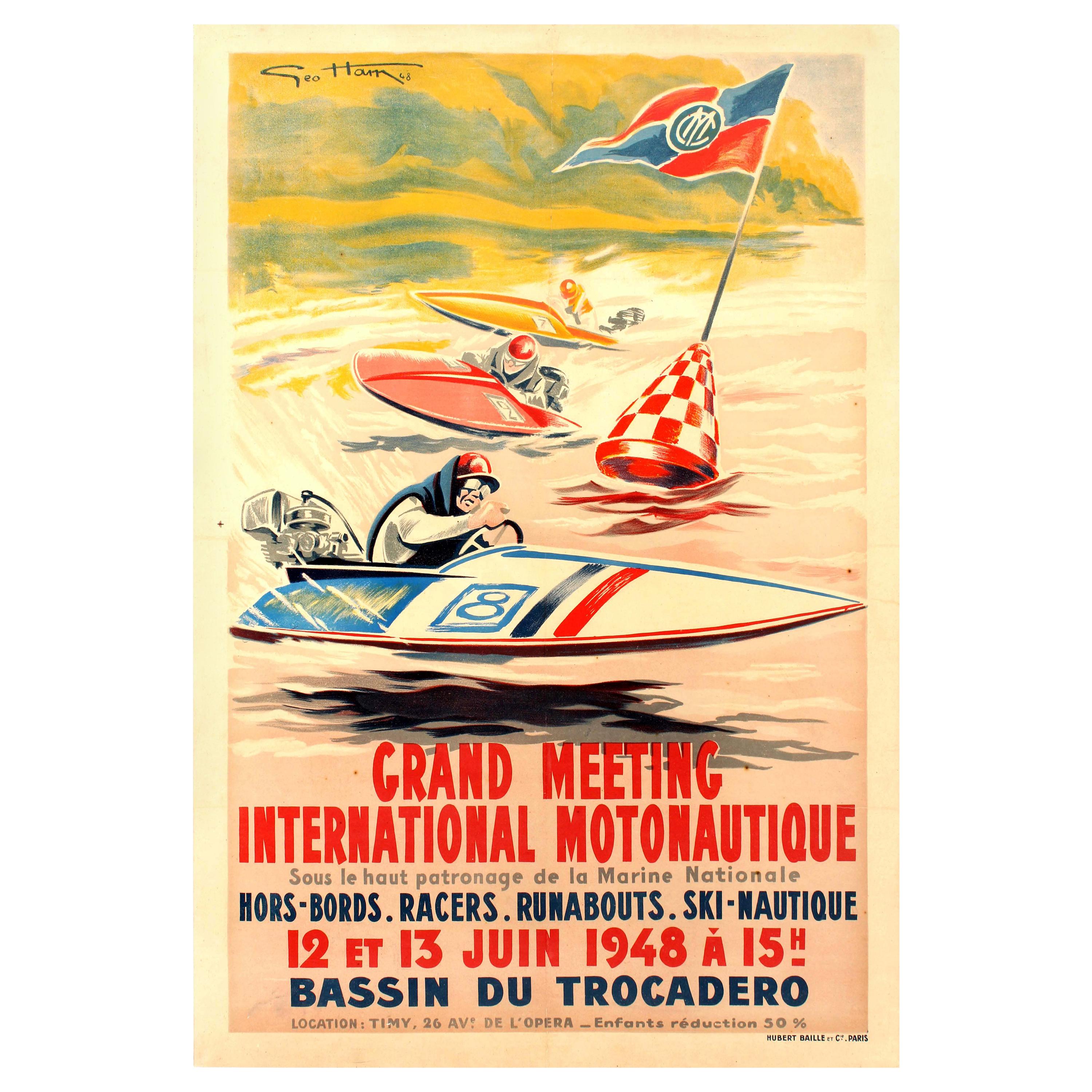 Original Vintage Water Sport Poster for Grand Meeting International Motonautique For Sale