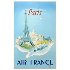 Original Vintage Air France Poster Paris Ft. Eiffel Tower Lockheed Constellation