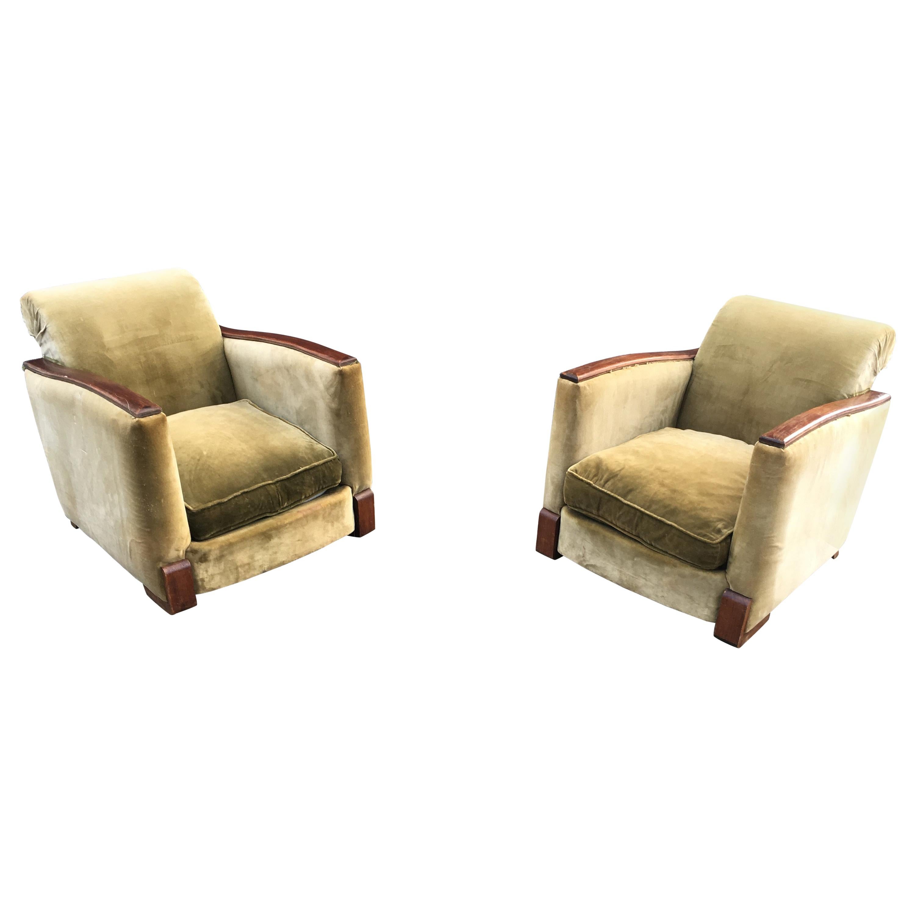 Paire de fauteuils Art Déco, acajou et tissu, vers 1930 en vente