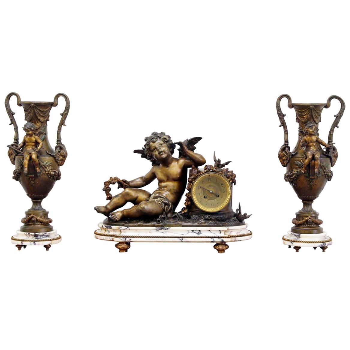 French Chimney Clock Table Clock with Vases Marble Bronze Angels For Sale