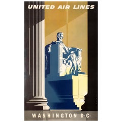 Original Vintage Travel Poster United Air Lines Washington D.C. Lincoln Memorial