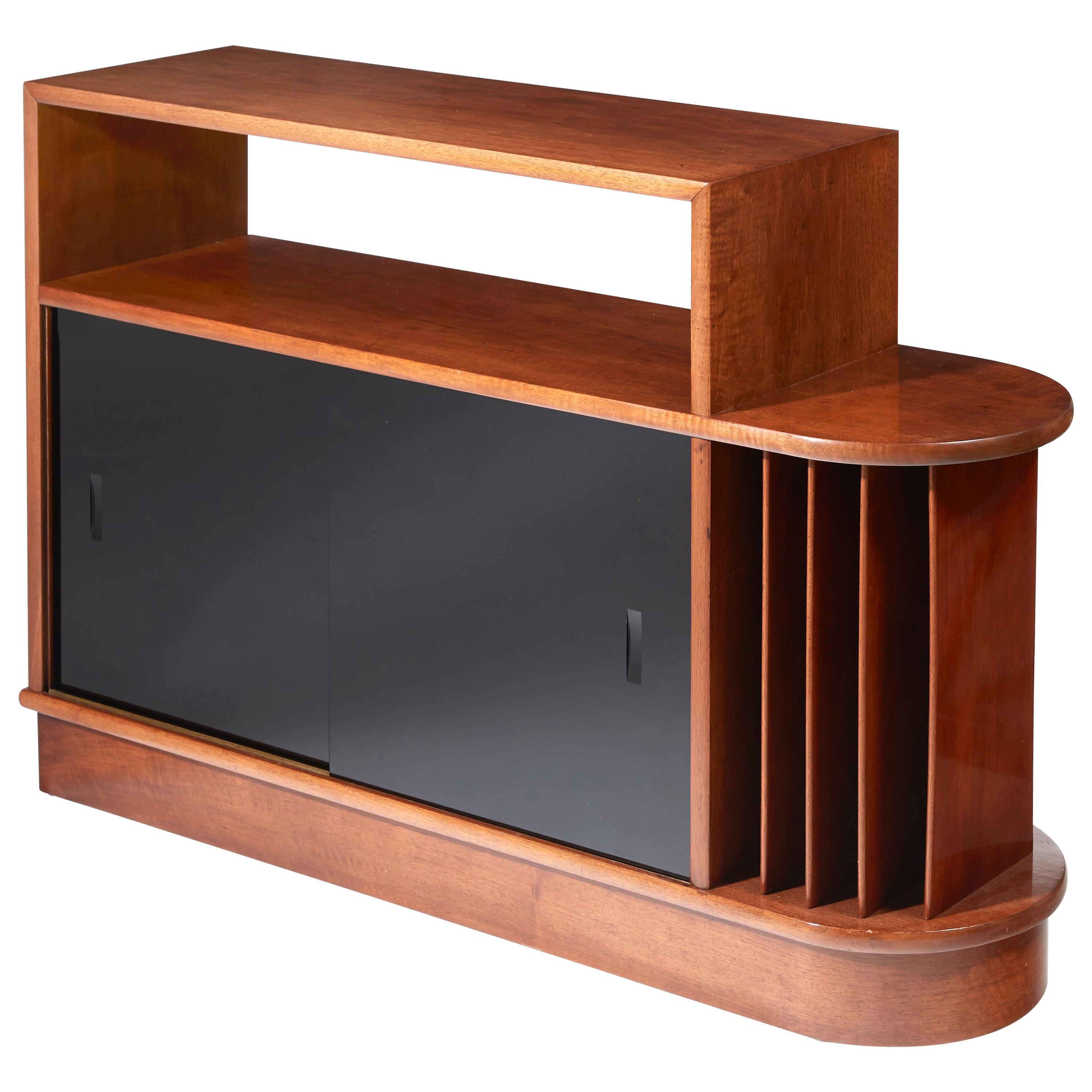 Eugène Printz, Bookcase in Solid Walnut and Black Opal Glass, circa 1935