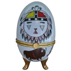 Rare Vintage Native Indian Inspired Egg Shaped Ceramic Trinket Box, Hinged Lid