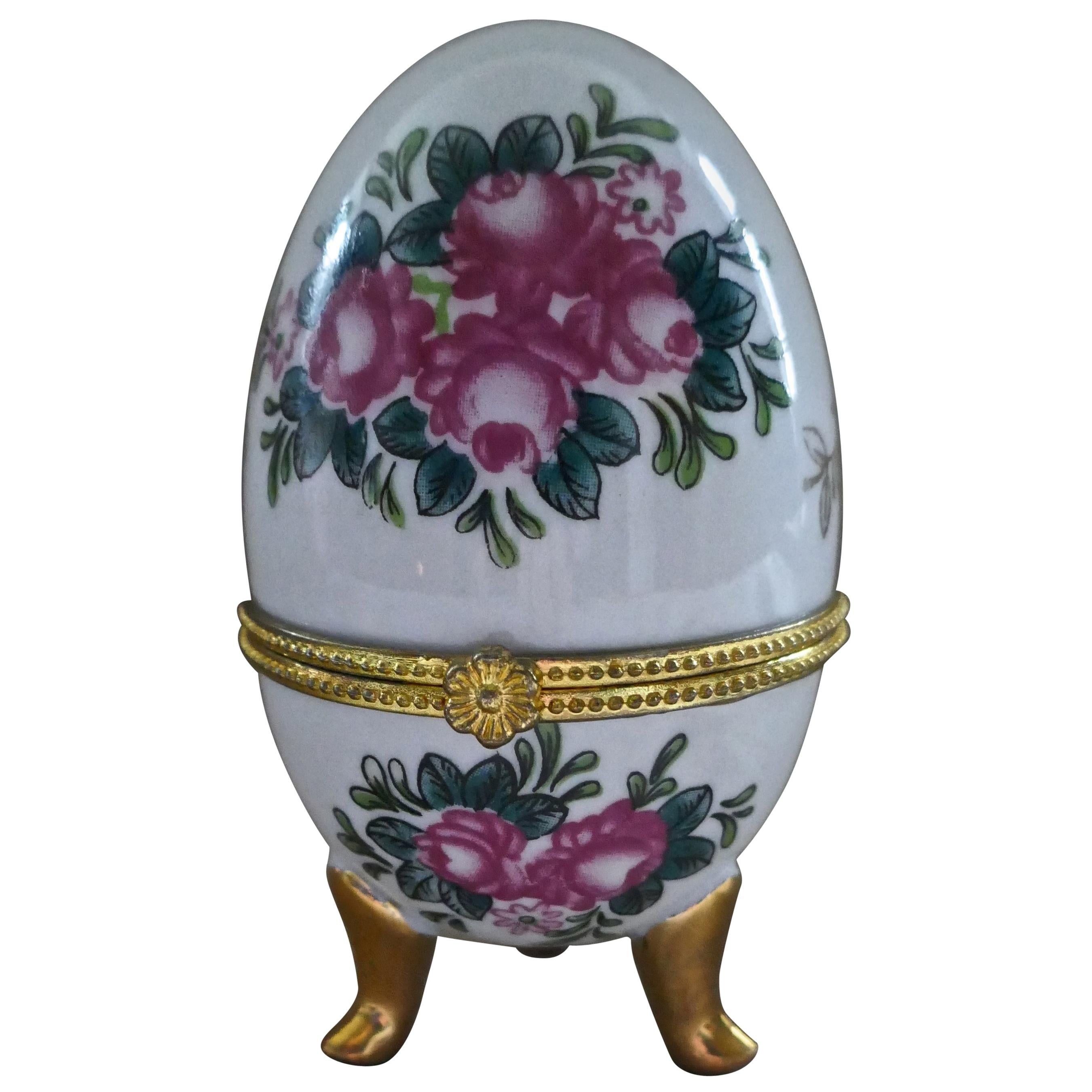 Vintage Rose Chintz Egg Shaped Ceramic Trinket Box with Hinged Lid For Sale