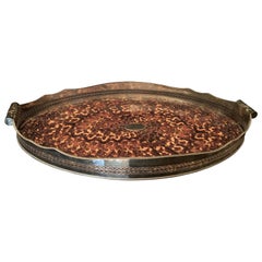 Wonderful Faux Tortoiseshell Silver Plated Oval Pierced Handle Gallery Big Tray