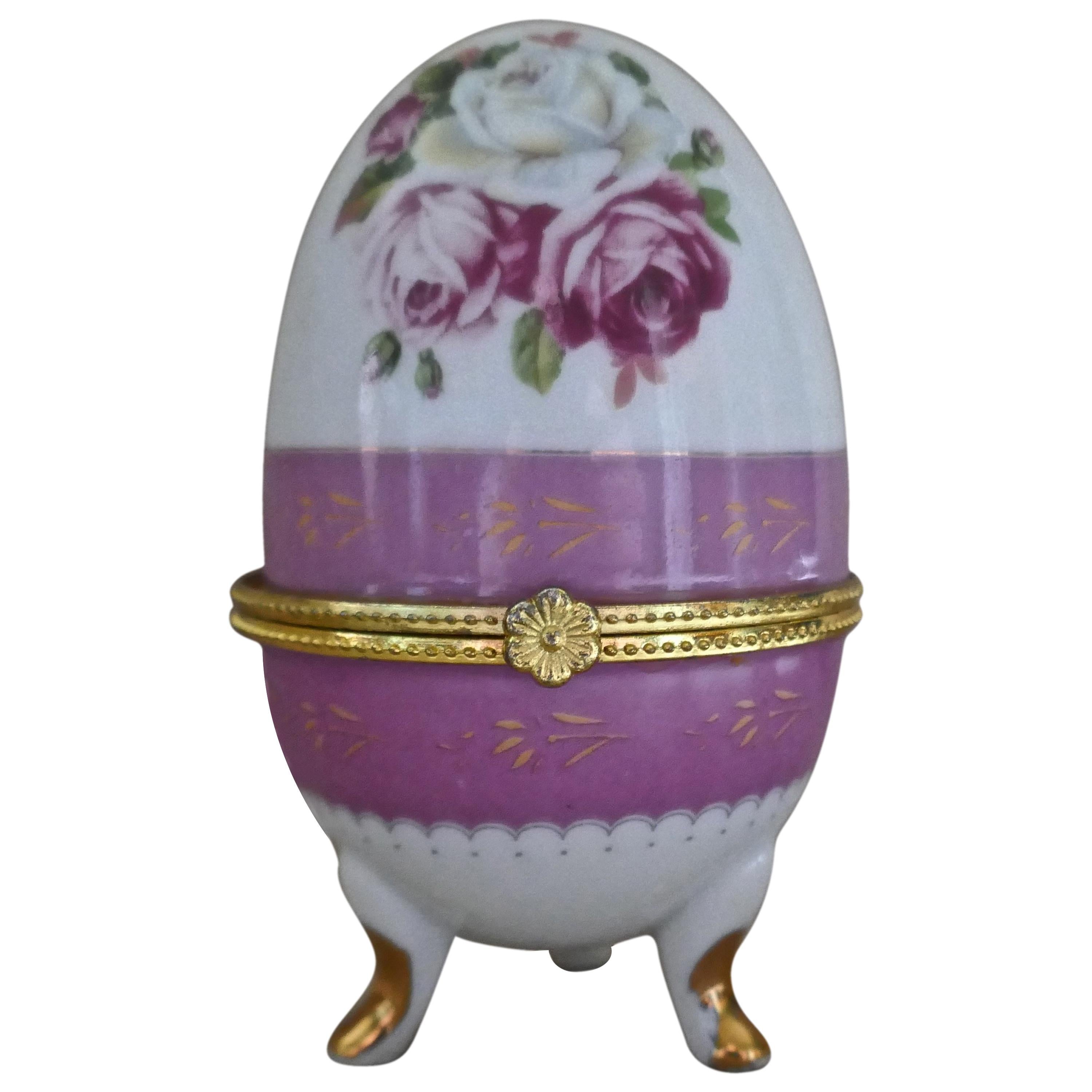 Vintage Rose Chintz Egg Shaped Ceramic Trinket Box with Hinged Lid For Sale