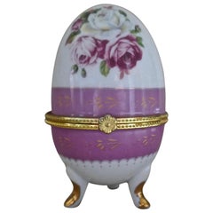 Vintage Rose Chintz Egg Shaped Ceramic Trinket Box with Hinged Lid