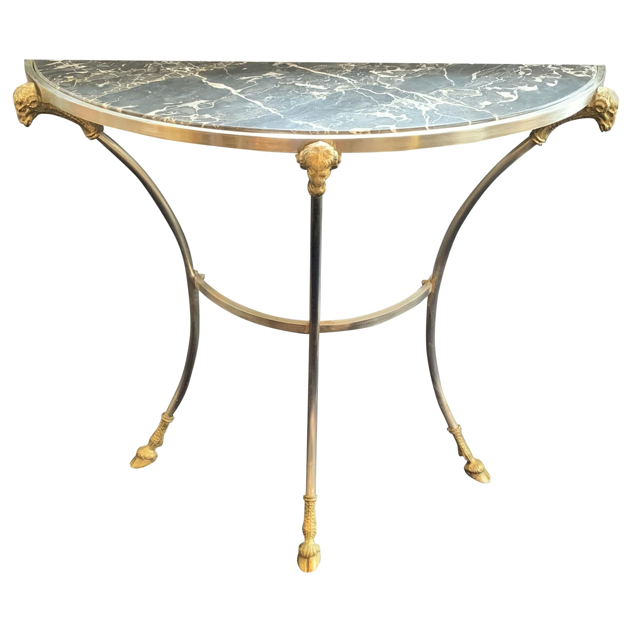 Wonderful Jansen Demilune Marble Top Ormolu Brushed Nickel Console Tables, Pair