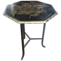 Gorgeous Octagonal Painted Side Table with Iron Base and Bird Motif